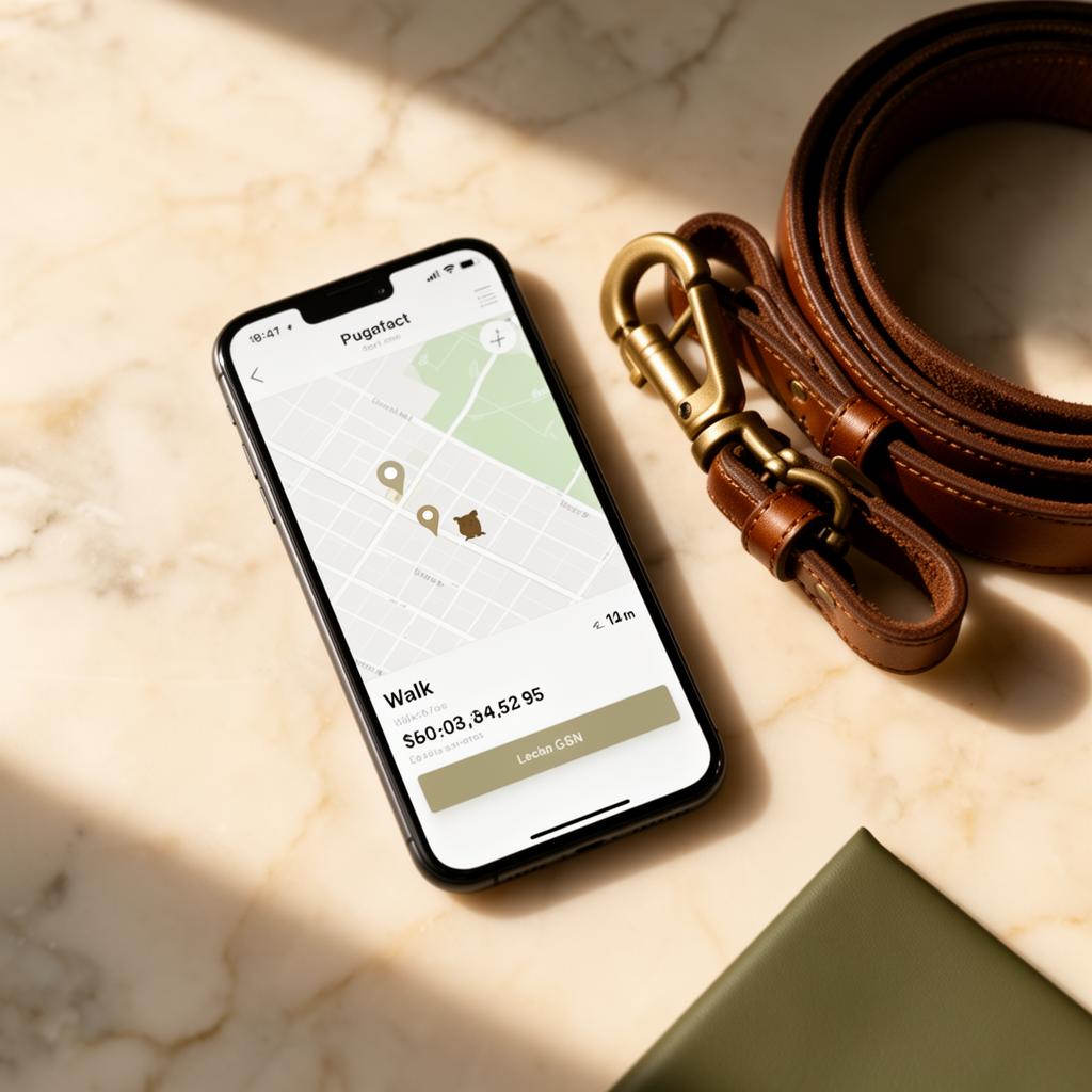 Phone showing Puppercise live walk view beside a leather leash on cream marble